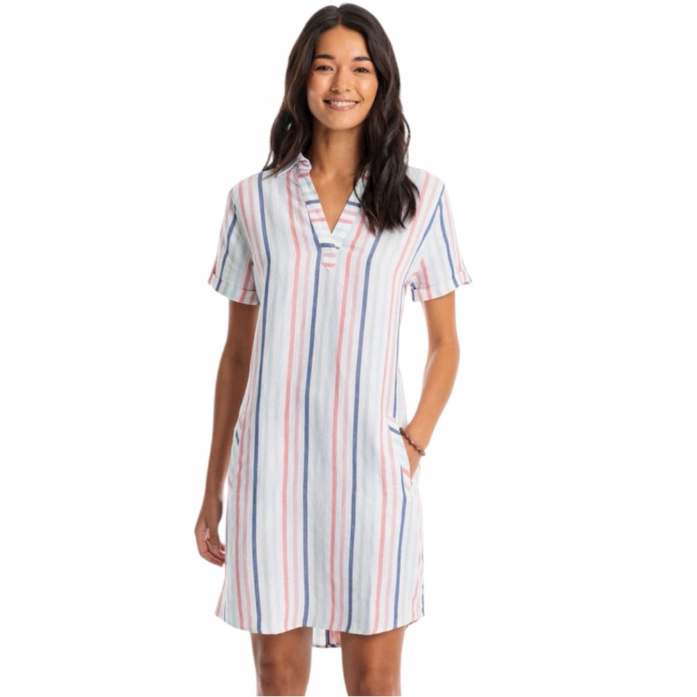 Southern Tide Linen-Blend Striped Mini Dress in White, Blue & Pink